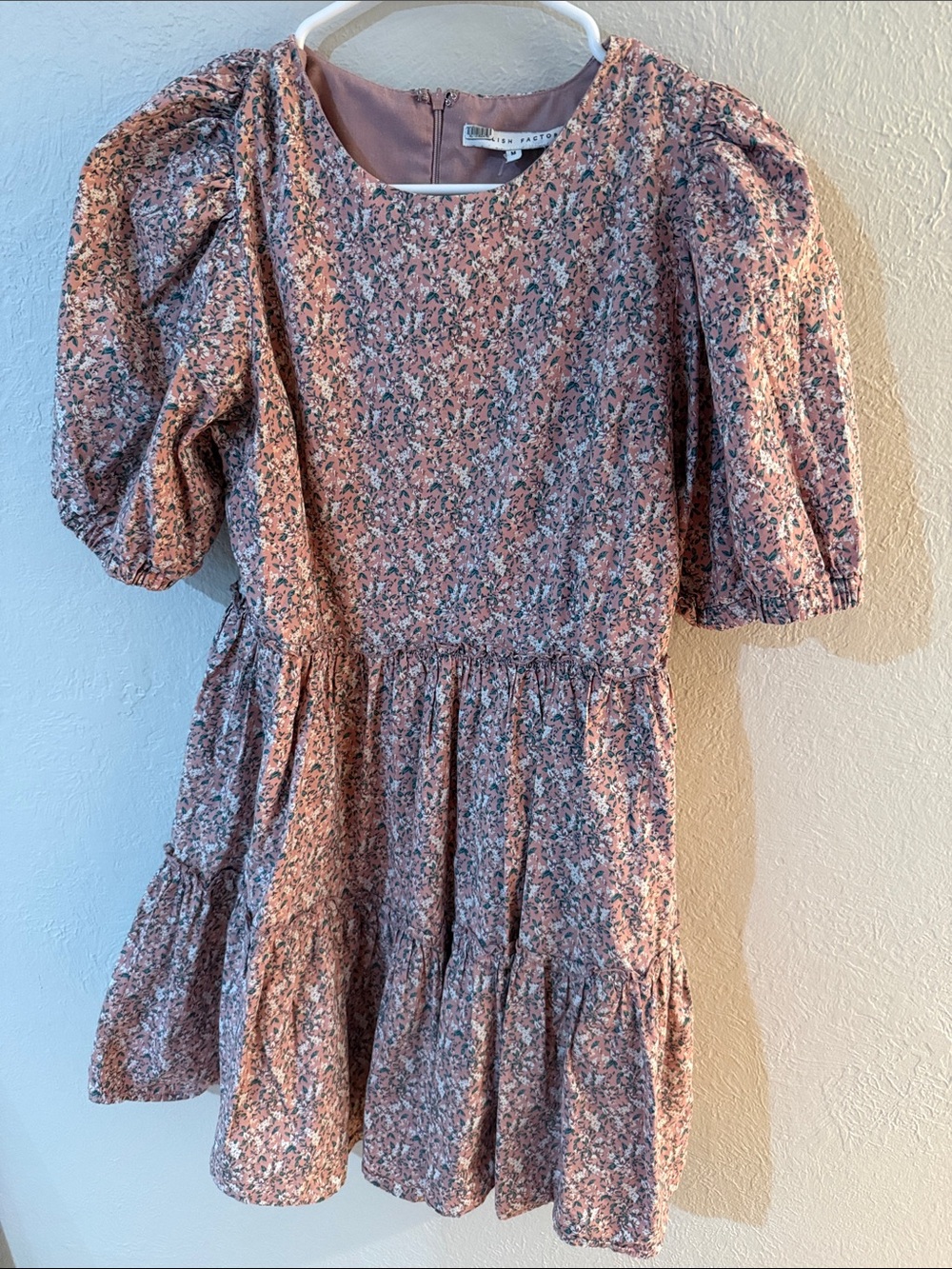 English Factory Pink Floral Puff-Sleeve Tiered Mini Dress